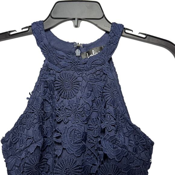 Lulus Navy Blue Halter dress with Floral lace overlay. Size XS - Picture 2 of 7